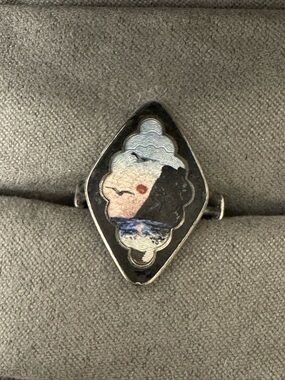 Norwegian Guilloché Enamel Scenic Ring 925S Mid-Century David Andersen